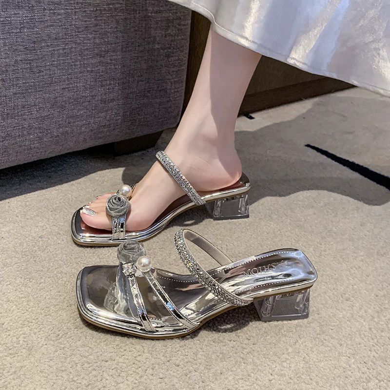 2026 Summer High-End Silver Camellia Pearl Rhinestone Chunky Heel Sandals for Women, Square-Toe High-Heeled Sandals for Outdoor Wear 2026 Summer High-End Silver Camellia Pearl Rhinestone Chunky Heel Sandals for Women, Square-Toe High-Heeled Sandals for Outdoor Wear