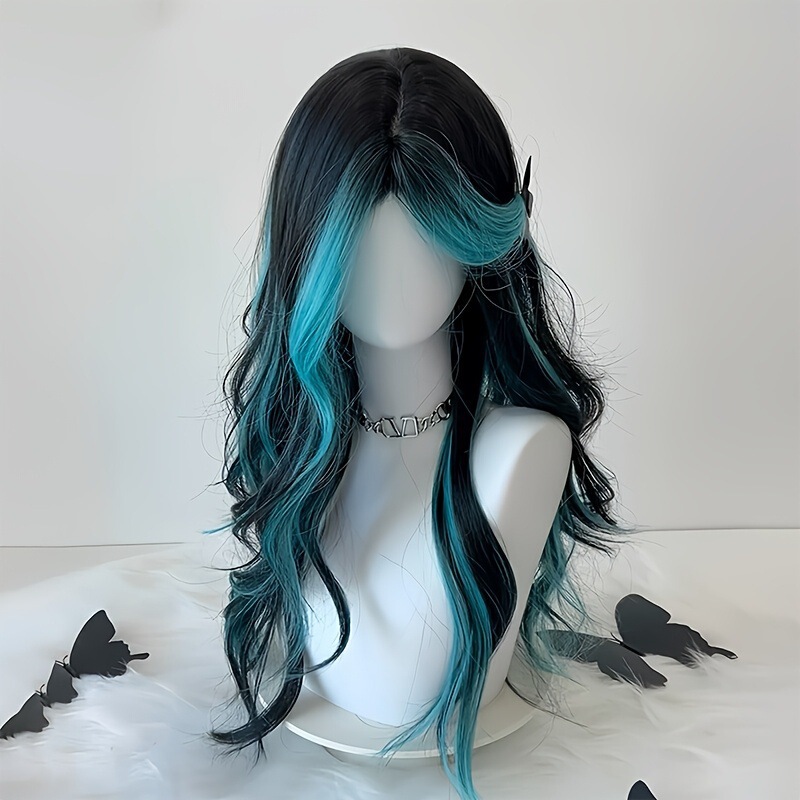 Xianxin Women's Full Wig Blue-Tipped Blue Wig Long Curly Hair Paris Dyed Black and Blue Highlights Wig Xianxin Women's Full Wig Blue-Tipped Blue Wig Long Curly Hair Paris Dyed Black and Blue Highlights Wig