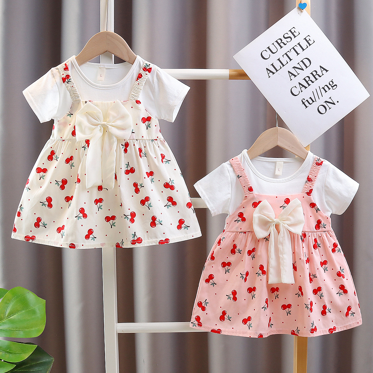 2025 Summer New Girls' Crewneck dress Baby Girls' Cotton Cloth Sling Fake Two-piece Princess Dress for Foreign Trade