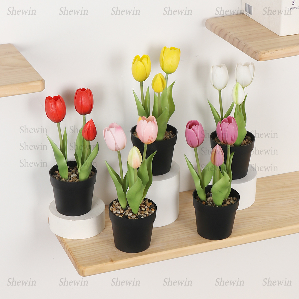 Planta Artificial de Tulipán en Maceta de Plástico de 3 Cabezas, PVC Blando, Tacto Real para Decoración del Hogar y Mesa