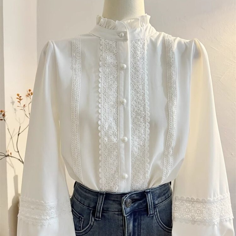 Long-Sleeved Shirt Top Lantern Autumn Lace 2025 Inner Splicing Western Style Stand-Up Collar Shirt for Women White