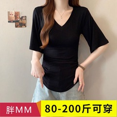 莫代尔V领短袖t恤女2025夏季纯欲风高级感宽松显瘦内搭打底衫上衣