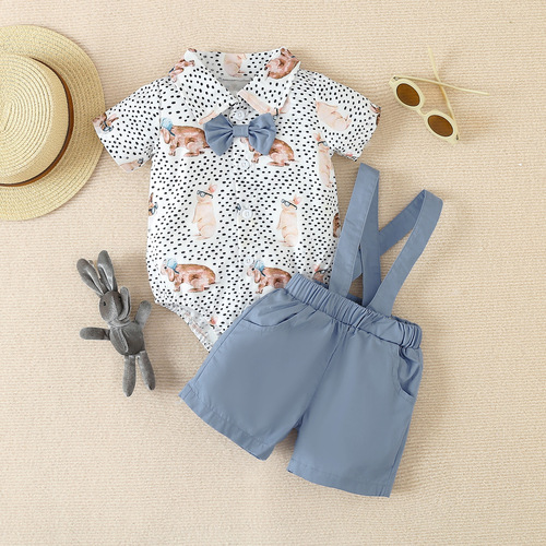 2024 Easter Infant Boys Gentleman Suit Cartoon Rabbit Print Short Sleeve Lapel Harness Overalls Suit