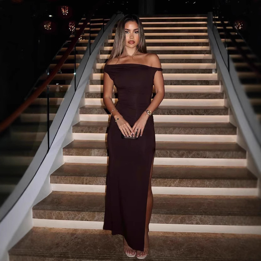 Ayj25L237-2025 Summer New European and American Women's Elegant Elegant Hip-Covering Sexy Off-Shoulder Pure Color Dress