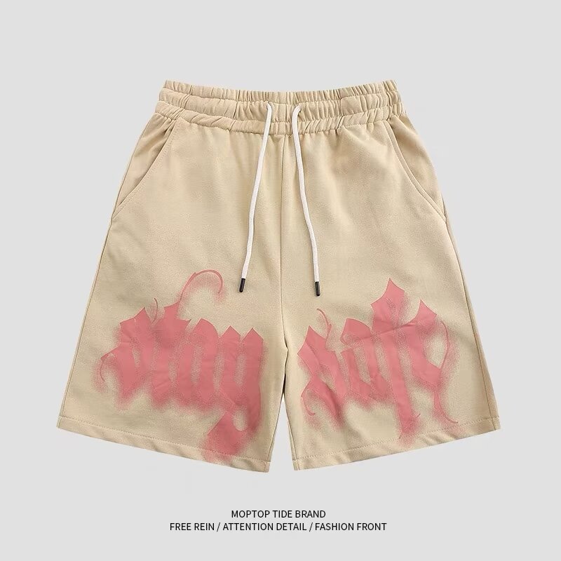 Straight European and American Street Retro High Street Pink Letter Printing Distinctive Loose Shorts Casual Men's and Women's Shorts