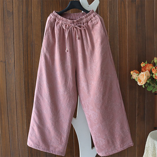Winter New Jacquard Cotton Linen Quilted Straight Leg Pants Women's Loose Thickened Cotton Pants