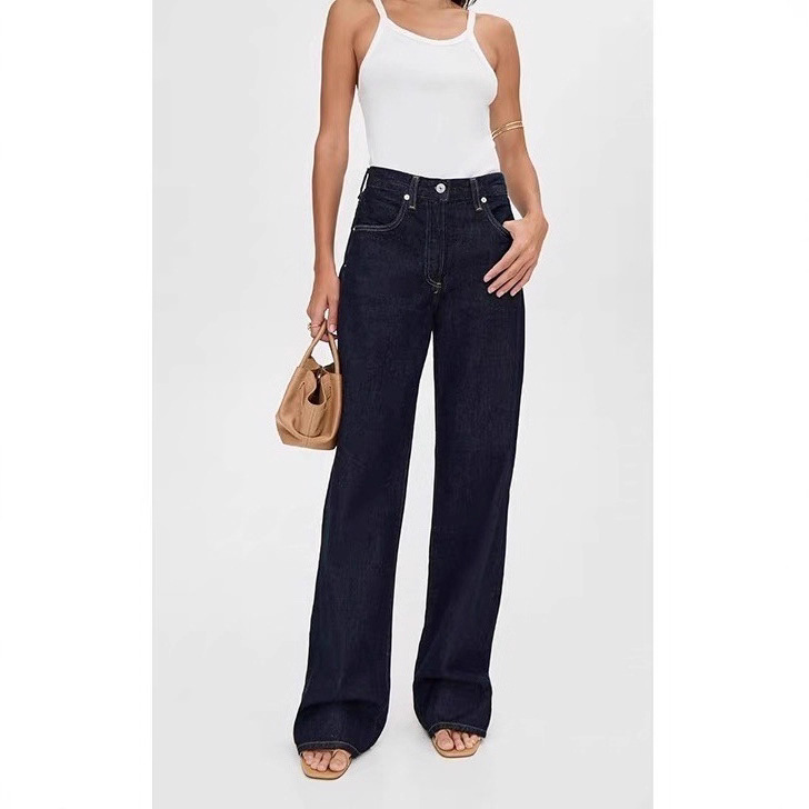 [in Stock] Th Casual Classic Minimalist Versatile Row Style Wide-Leg Pants Slimming High-Waisted Original Color Jeans