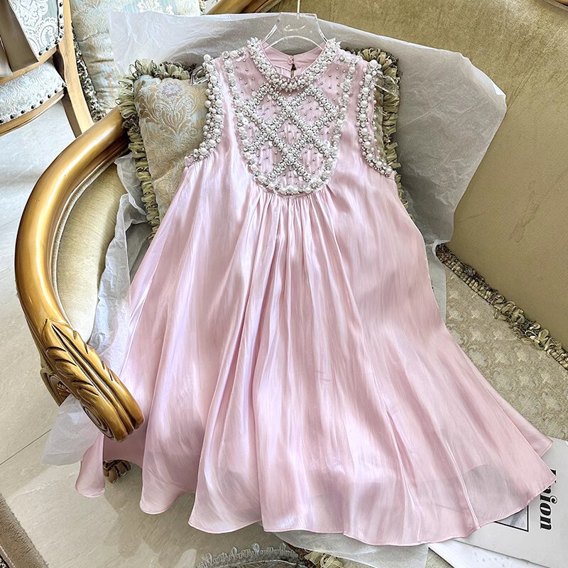 Miu Style Pink Tender Super Fairy dress Beaded Beaded Diamond Sleeveless Neck Elegant Sexy Dress High-end A- line Dress for Summer