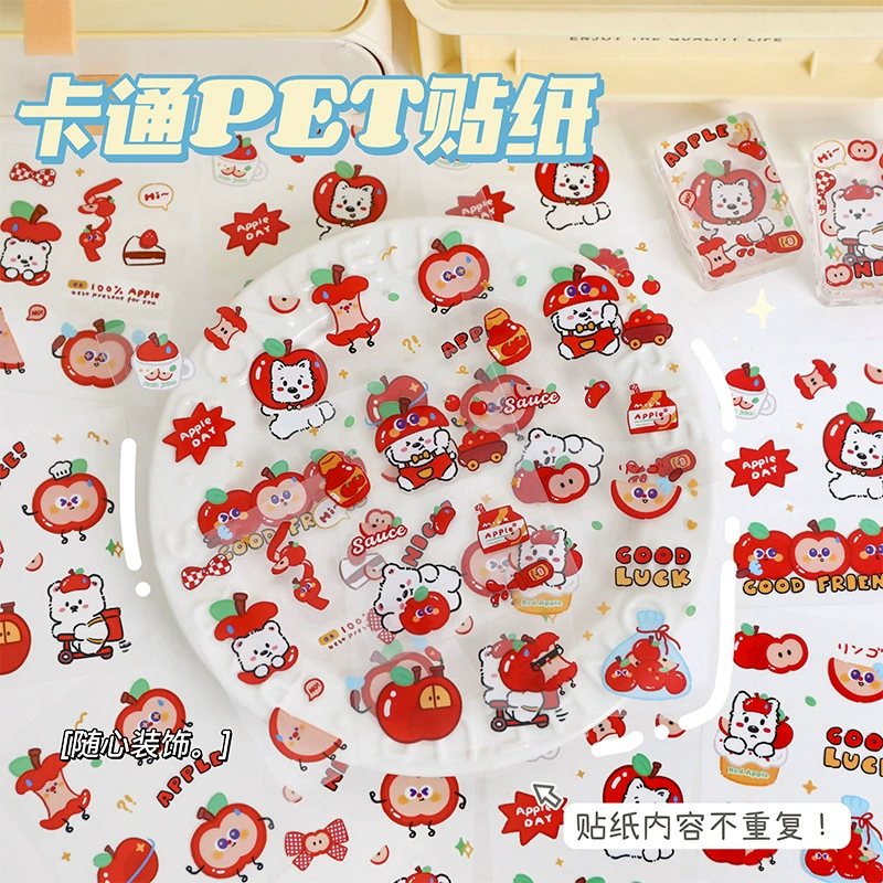 Наклейки с рисунком яблока, милые прозрачные наклейки из ПЭТ, водонепроницаемые наклейки с героями мультфильмов, наклейки для рукоделия, наклейки для мобильного телефона, чашка для воды
