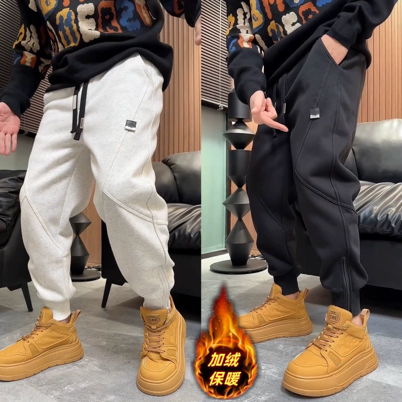 Осенние и зимние новые сплошные бархатные брюки мужские дикие модные ноги на молнии спортивные брюки