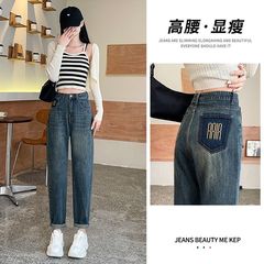 ハーレムのジーパンの女性の春秋の新型のゆったりしている股を遮ってやせている大きいサイズの刺繍のダイコンのズボンの高い腰のお父さんのズボンのカウボーイを現します。
