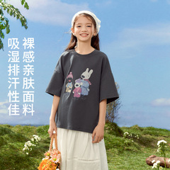 女童T恤2024春夏新款寬鬆ins卡通印花短袖打底衫兒童上衣一件代發