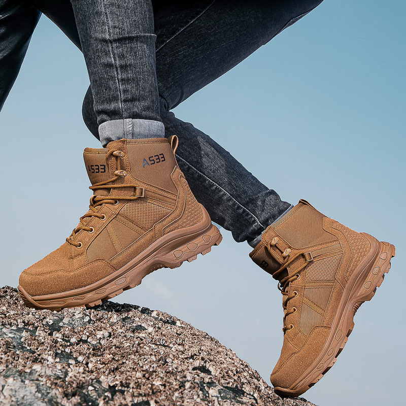 Cross-Border Outdoor Cross-Country Running Shoes Workwear Men's Shoes Mid-High Top Wear-Resistant Camping Training Classic Combat Boots Large Size Youth