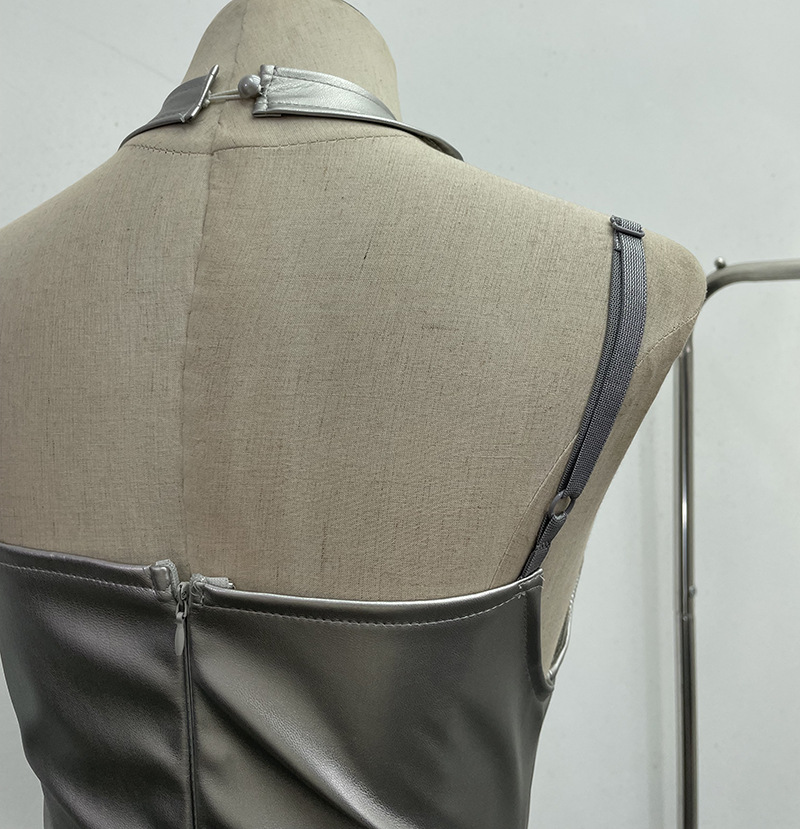 Chest Pad Halter Spaghetti Straps Dress Sexy Slim Fit Ruffle Hip Faux Leather Sexy