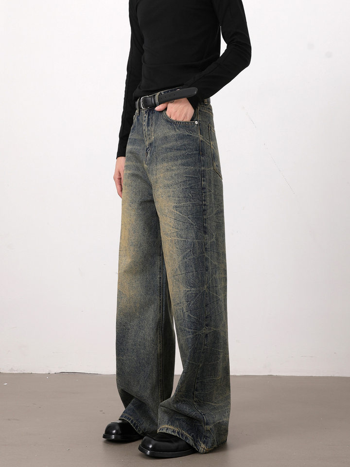 Quần jeans nam dáng rộng ống suông phong cách retro Mỹ, râu mèo xanh, giặt mài làm cũ — Xanh cổ điển