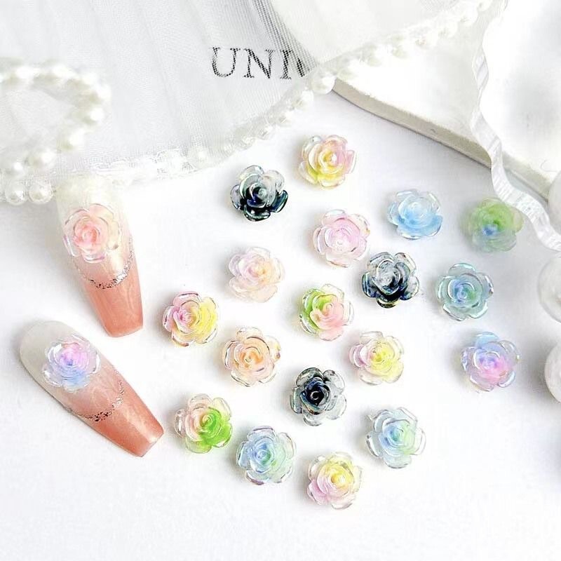 Three-Colorful Luminous Camellia Nail Art Accessories Electroplated Colorful Aurora Resin Small Flowers DIY Nail Accessories Wholesale