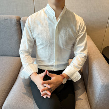新中式小立领长袖衬衫男士立体坑条暗纹竖条纹衬衣蓝色韩版高级感
