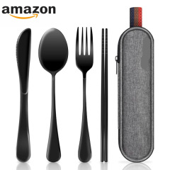 クロスボーダー Amazon ステンレス食器 ナイフ、フォーク、スプーン、箸 4点セット 布袋 ポータブル アウトドア ナイフとフォークセット ブラック
