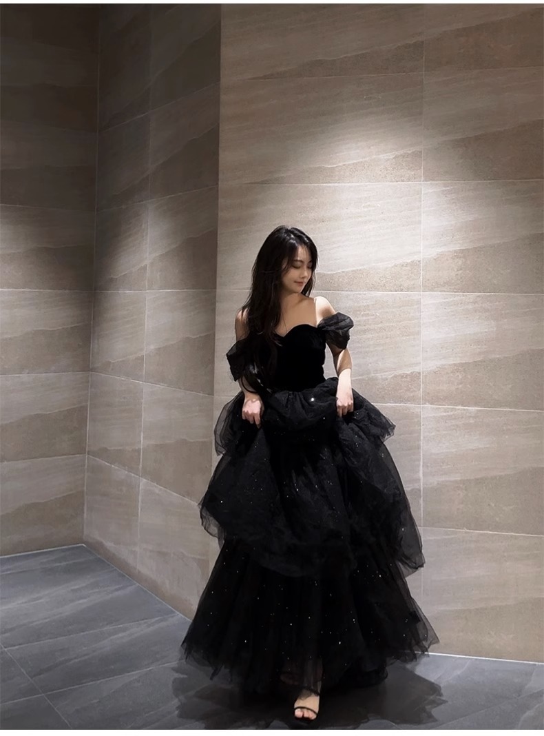 Váy dạ hội tutu kiểu Pháp màu đen sang trọng, dáng maxi thắt eo, phù hợp lễ tốt nghiệp, lễ trưởng thành — Màu đen chi tiết 1