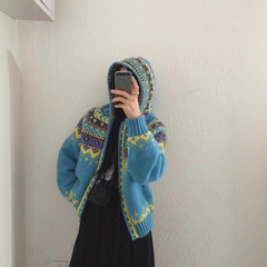 2025正流行宽松慵懒高级感费尔岛减龄蓝色连帽针织毛衣女早秋新款