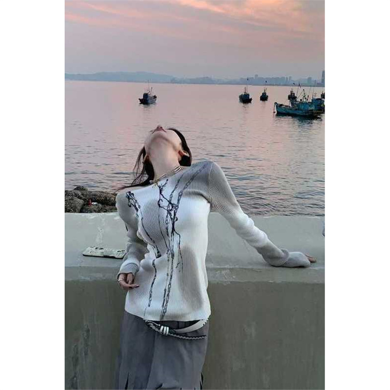 设计感链条渐变印花修身针织毛衣女小众高级修身显瘦百搭套头上衣