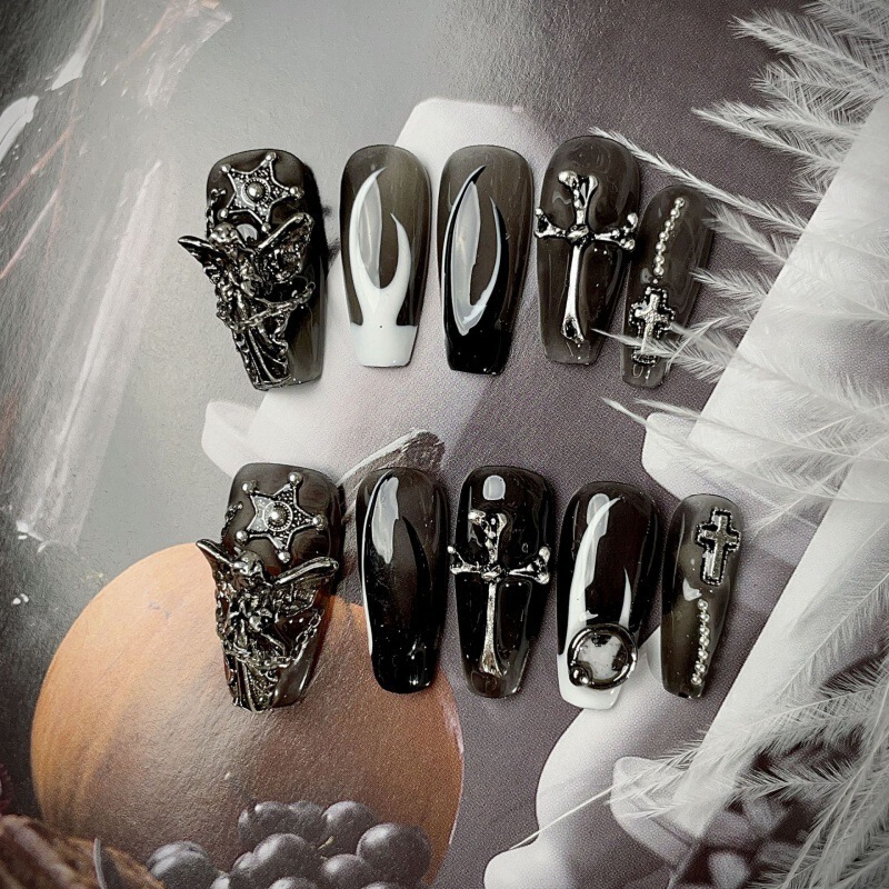 Diablo Style Mid-length Pure Hand-worn Armor European and American Style Heavy Industry Hand-painted Nail Art Patch Crowheart Cross Angel