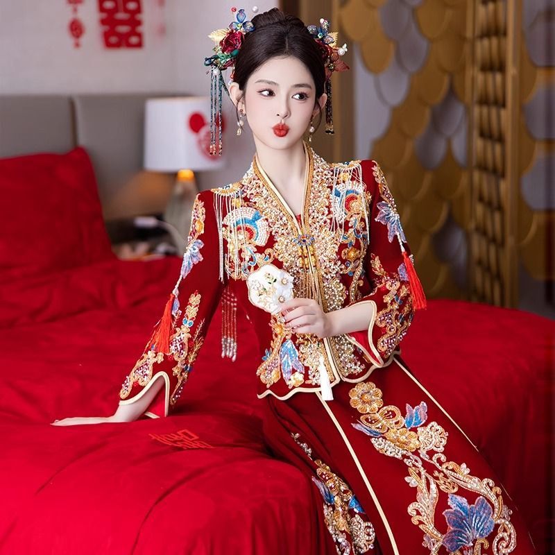 Wedding Dress for Petite Brides Chinese Style Wedding Attire Toast Dress Plus Size for Chubby Women 100kg Xiuhe Suit V-Neck Tummy-Concealing Slimming