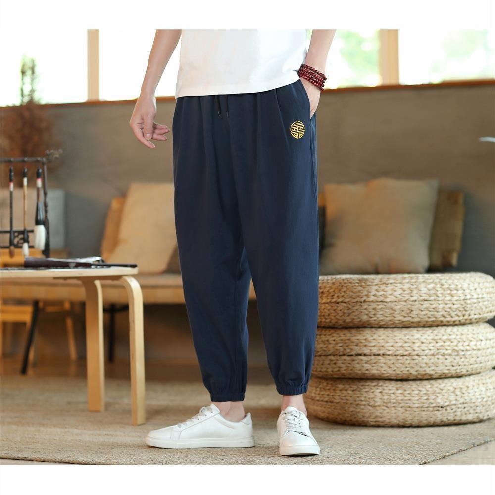 Pantalones cortos de estilo chino para hombres, pantalones casuales de lino para hombres, pantalones sueltos de algodón y lino, pantalones delgados de verano, primavera y otoño para hombres