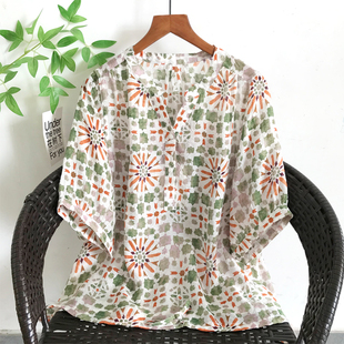 Ethnic Style Geometric Print Top, Tencel Cotton Lightweight Slimming Look Scissor Collar Loose Short-Sleeved Shirt