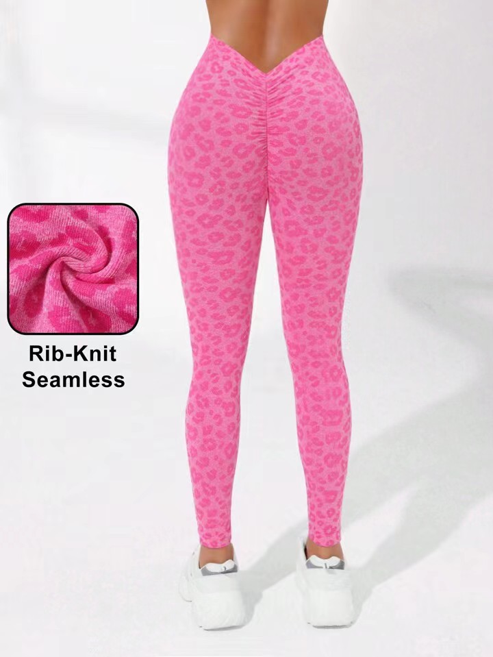 24 colores europeos y estadounidenses V cintura arena lavado estampado leopardo sin pierna cintura alta melocotón caderas pantalones deportivos