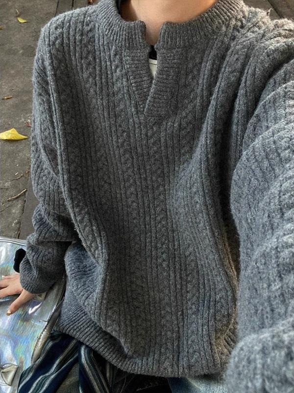 深灰色麻花毛衣男款冬季慵懒风加厚v领针织衫cleanfit打底衫外套|undefined