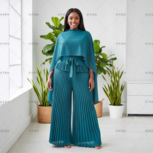 雪纺压褶两件套女装高腰阔腿百褶裤均码多色轻薄透气垂感非洲欧美