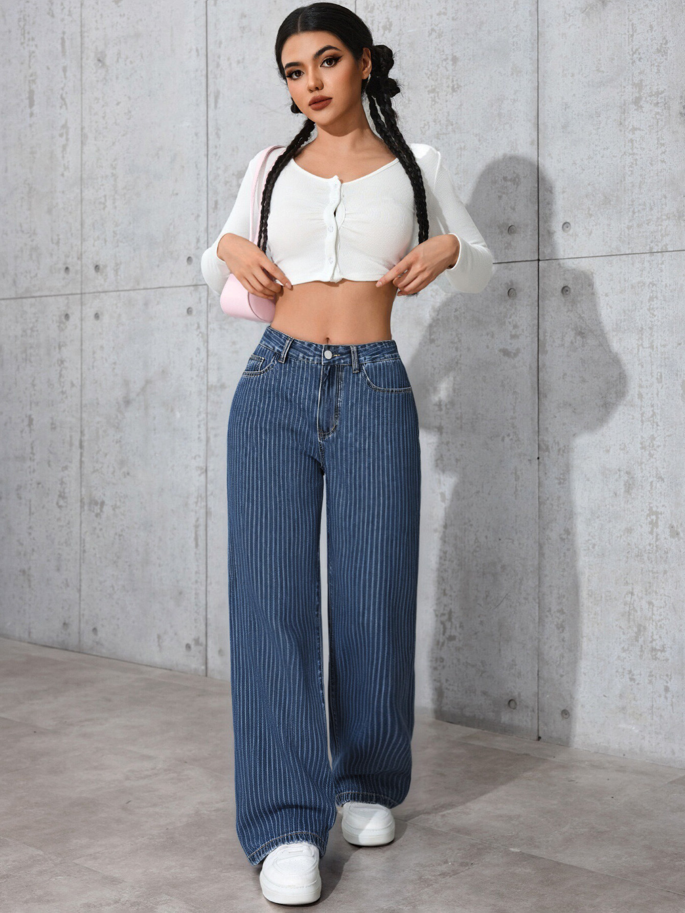 Women's High-Waisted Straight Leg Jeans Size 26 Sweet And Spicy Style Casual Striped Trousers Top Selling_mkmklike.com