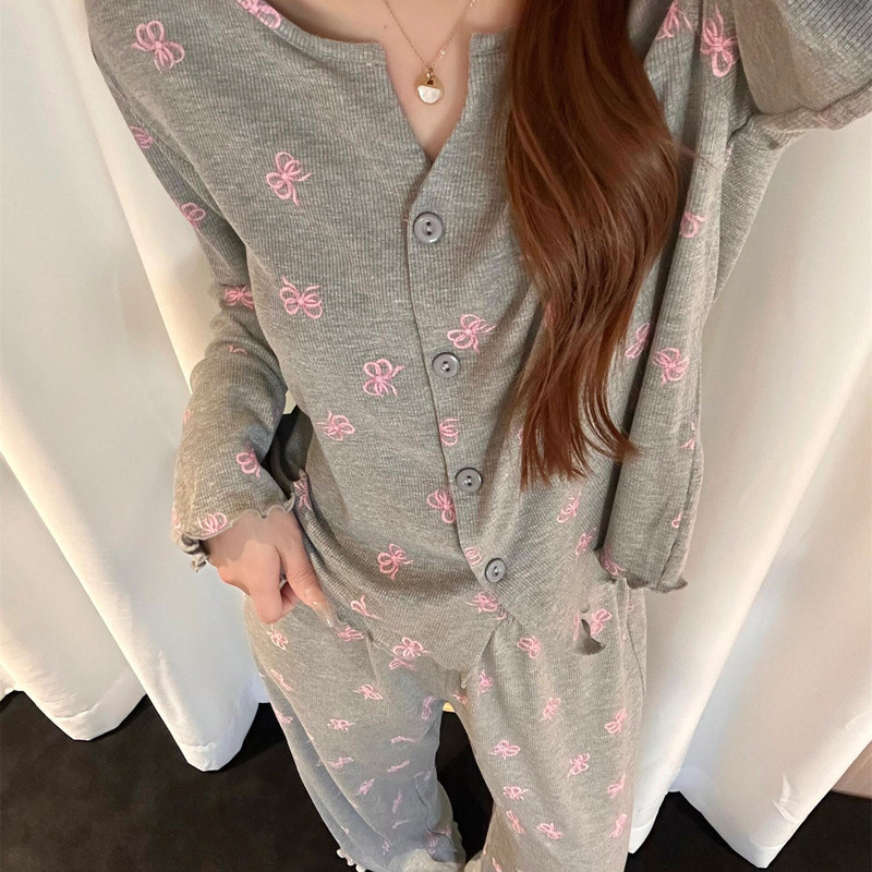 [in Stock] Bowknot Print Modal Pajamas for Women 2025 New Large Size Comfortable Long Sleeve Loungewear in Stock