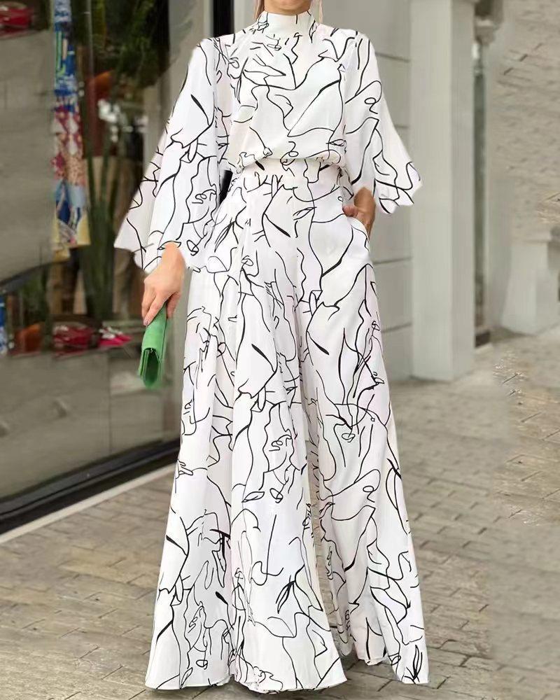 2022 verano europeo y americano ropa de mujer Amazon elegante cintura con cordones de manga larga Halter pantalones impresos mono