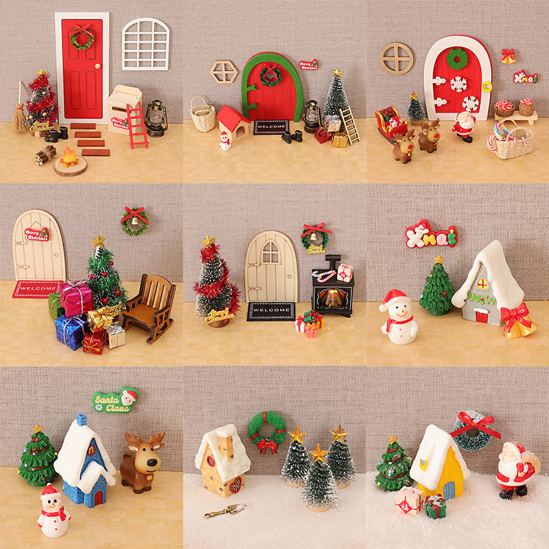 Foreign Trade Mini Artificial Christmas Miniature Snow Scene Wooden Door Decoration Scene Ornaments DIY Christmas Tree Gift Accessories