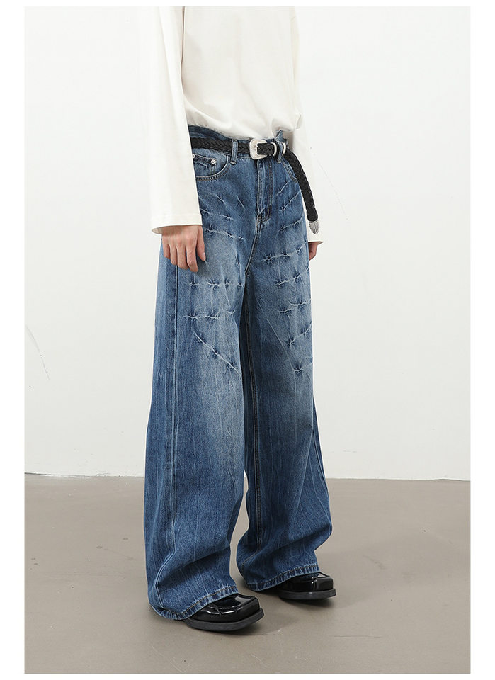Quần jeans nam dáng rộng ống thẳng họa tiết sét chất liệu washed phong cách đường phố — màu xanh, màu xám đen chi tiết 17