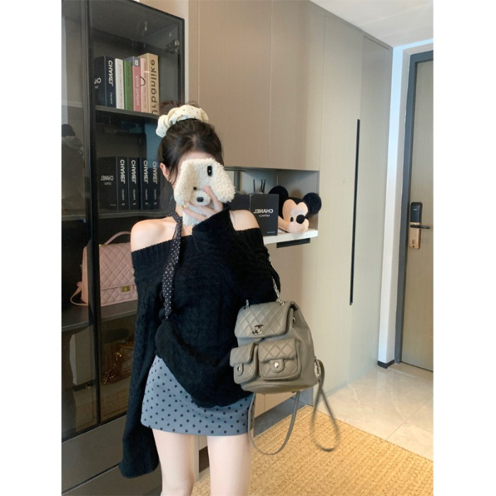 温柔气质一字肩别致针织衫女2025早秋辣妹纯色设计感百搭长袖上衣|undefined