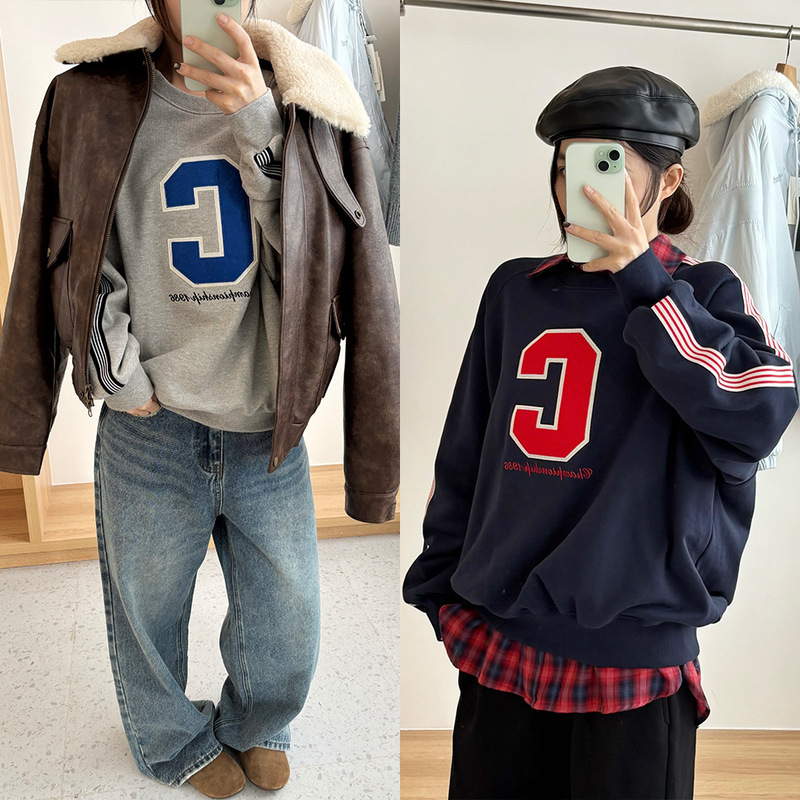 Now 2025 New Winter Korean Dongdaemun Casual Letter C Patch Loose Shoulder Long-Sleeved Sweatshirt