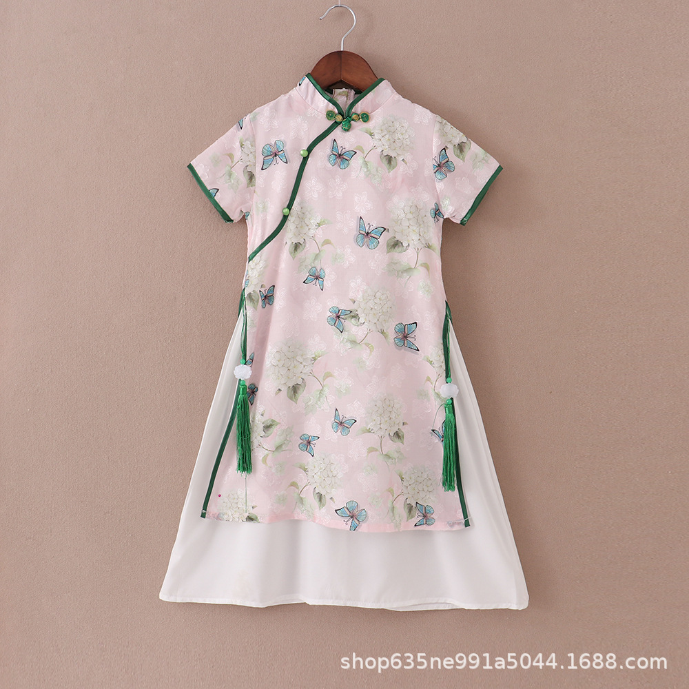 Girls' Ethnic Style Improved Cheongsam Primary School Students' Fashionable Slim Fashionable Cute Short-sleeved Lace Dress Princess Dress