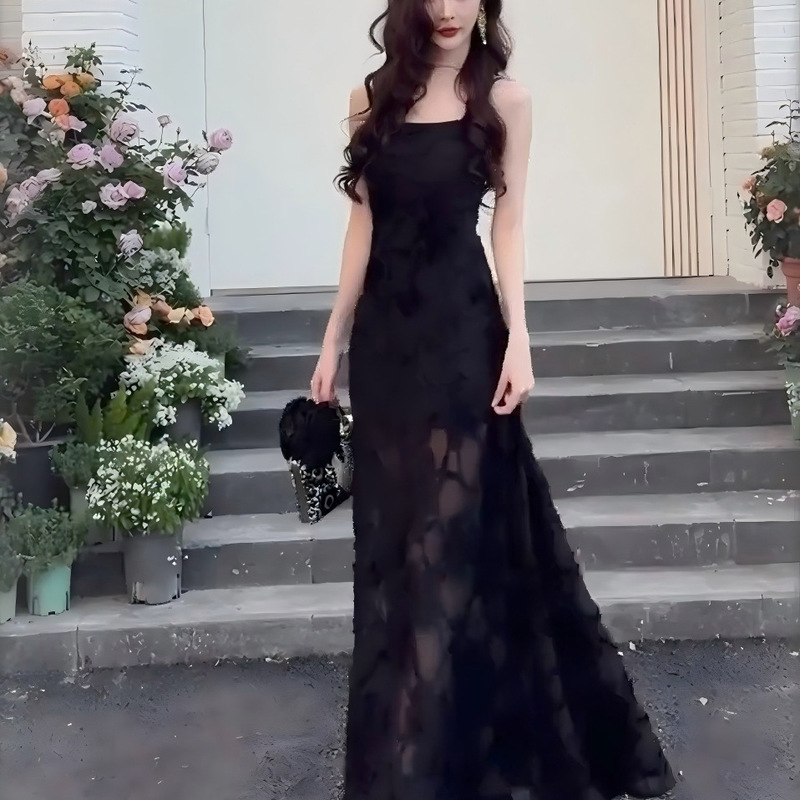 Black Lined Lace See-Through Autumn and Winter Dress Seaside Vacation Long Dress Pure Lust Sexy Slim Super Long Dress