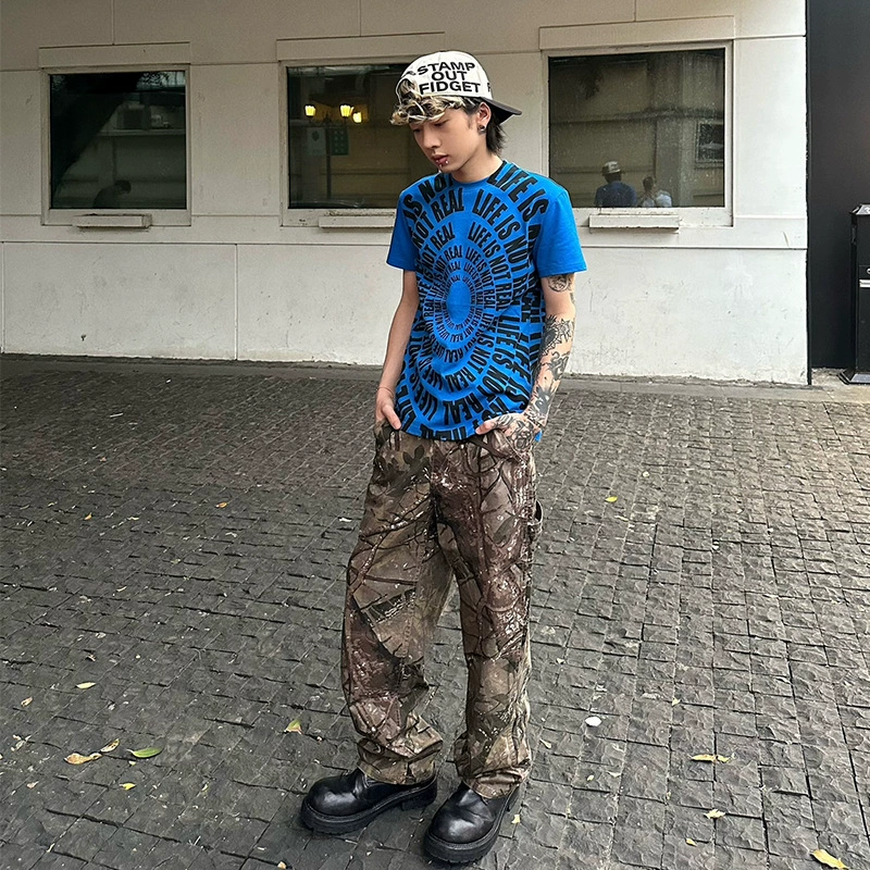 Мужские брюки и джинсы 2025 года, новые, американский стиль, камуфляжная расцветка, полный принт, ретро, потертые, свободные, прямые, повседневные