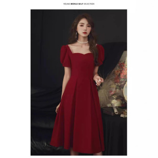 Square-Neck Evening Dress, Mid-Length, Suitable for Daily Wear, High-End Elegant Socialite Daily Dress for Petite Figures