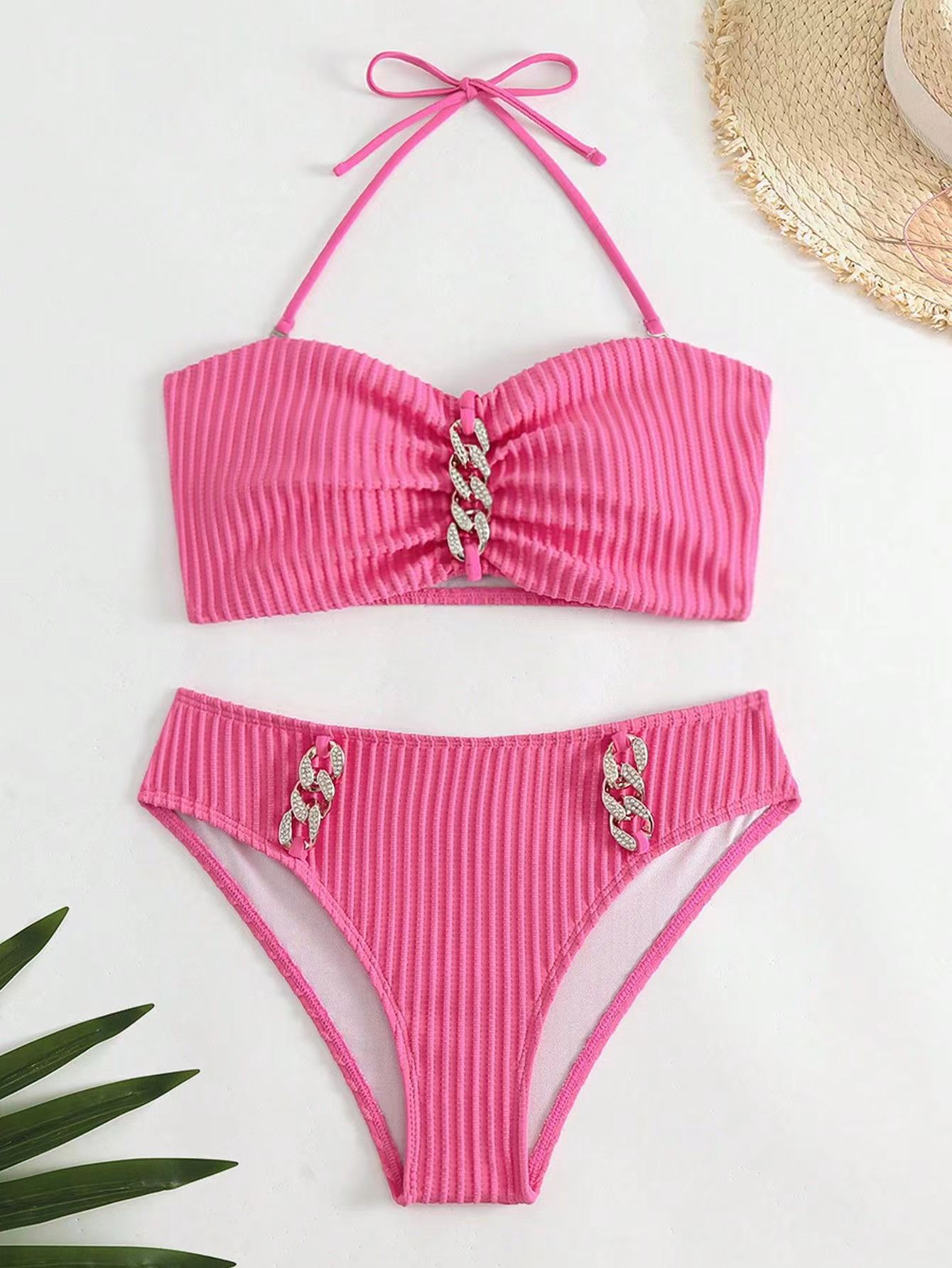 245g Weight Mid Waist Panties Waist Briefs Panties Style Halter Placket Type Bra&Panty Set Bra Category Nylon, Polyester Fabric Type 2 Pieces Set Quantity Swimming Pool, Beach Occasion Stripe, Solid Color Pattern Full Coverage Bra Cup Women's Gender Women's Stripe Solid Color 2 Pieces Set Bikinis Swimwear 1