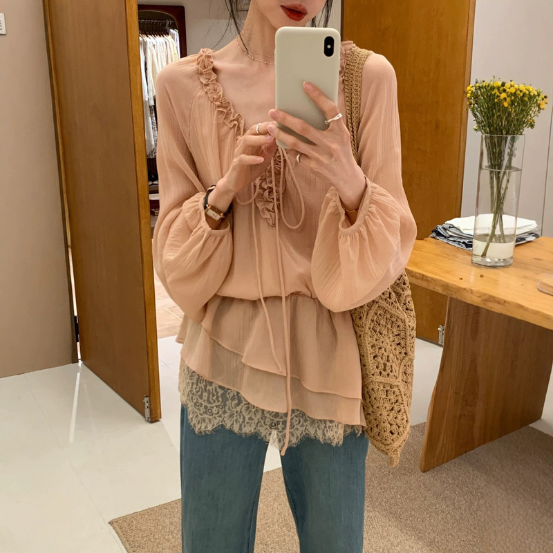 French-Style Orange-Pink Irregular Shirt for Women, Summer New Lace Patchwork Fashionable and Elegant Slimming Top