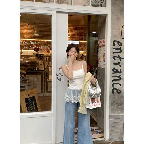 Flower Field Showcase HTmeme White Tea Dew Chu~ Ballet-style Patchwork Lace Skirt Hem with Camisole Top for Women—Spring/Summer