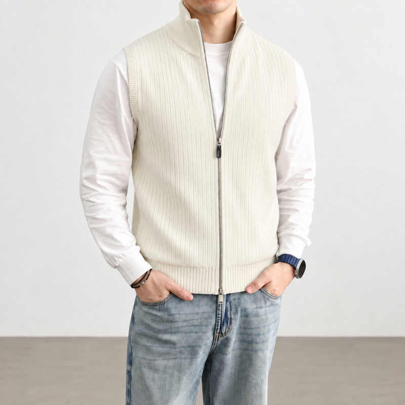 Autumn and winter men's vertical ribbed knit cardigan vest, full-zip, old money style, sleeveless sweater, light luxury, high-end vest