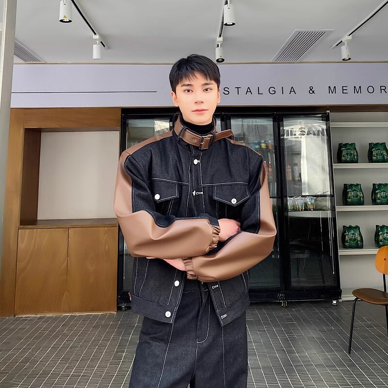 High-end fashionable denim clothing thickened stitching PU leather jacket Korean casual suit wide-leg pants set bright line set