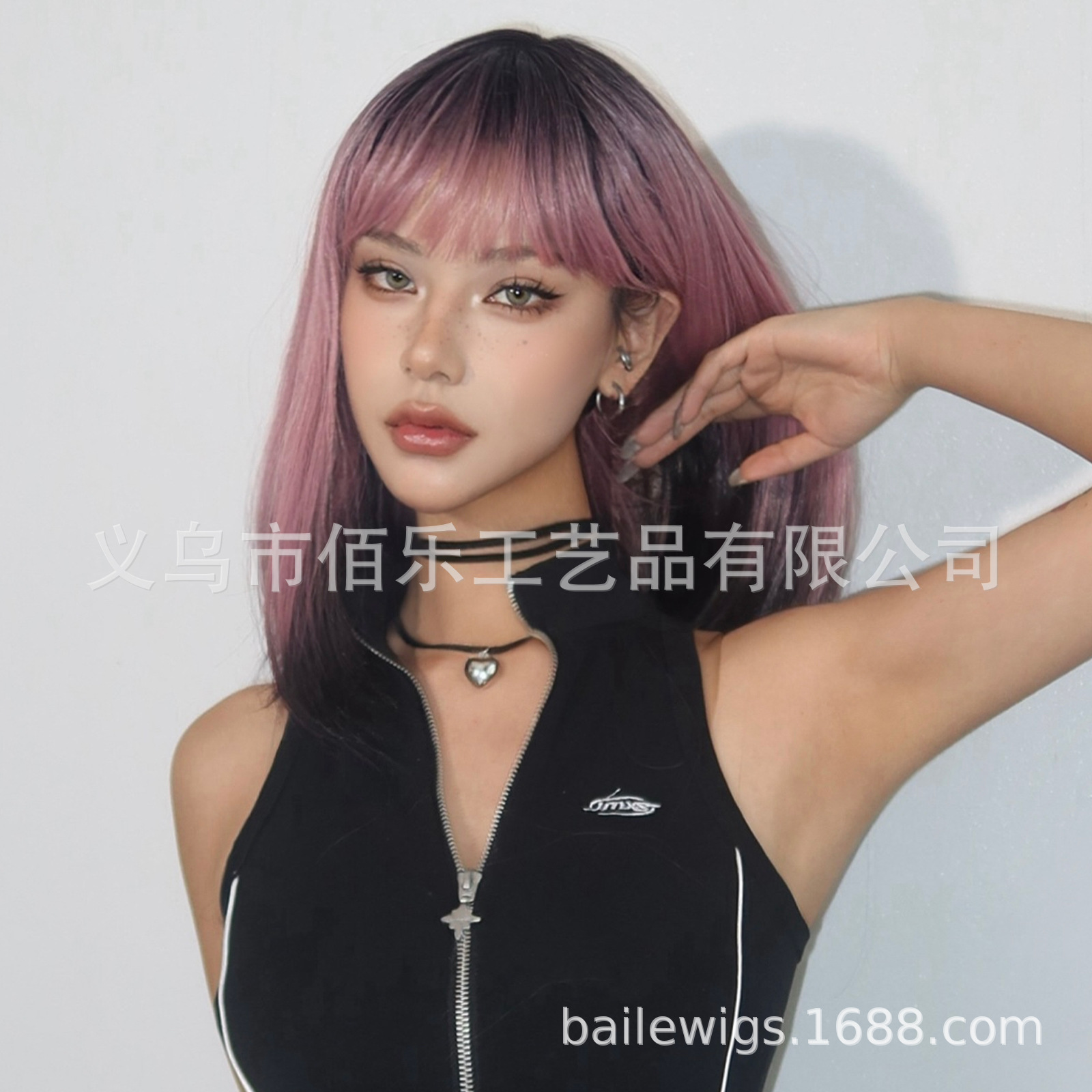 Nueva peluca cubierta de la cabeza completa flequillo negro Rosa gradiente Bobo hombro pelo recto neto rojo estilo pelo Xuchang peluca image 3