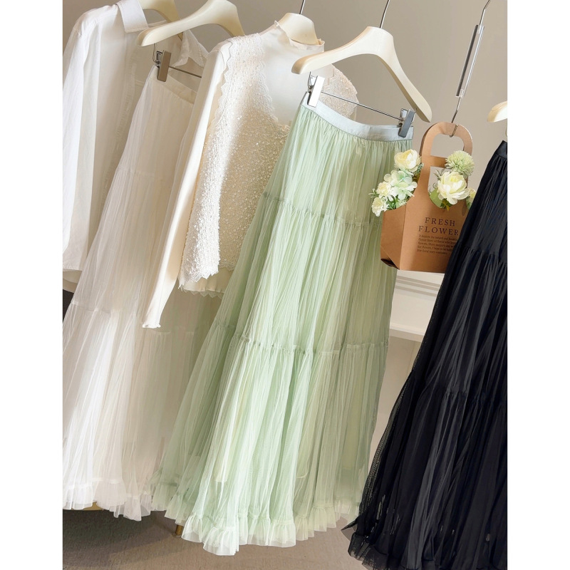 Spring High-Waisted Ruffled Mesh Skirt for Women 2026 New Style Gentle Slimming Drapey A-Line Long Skirt